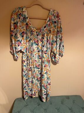 Boho Floral Midi Dress with Puff Sleeves - Multicolor